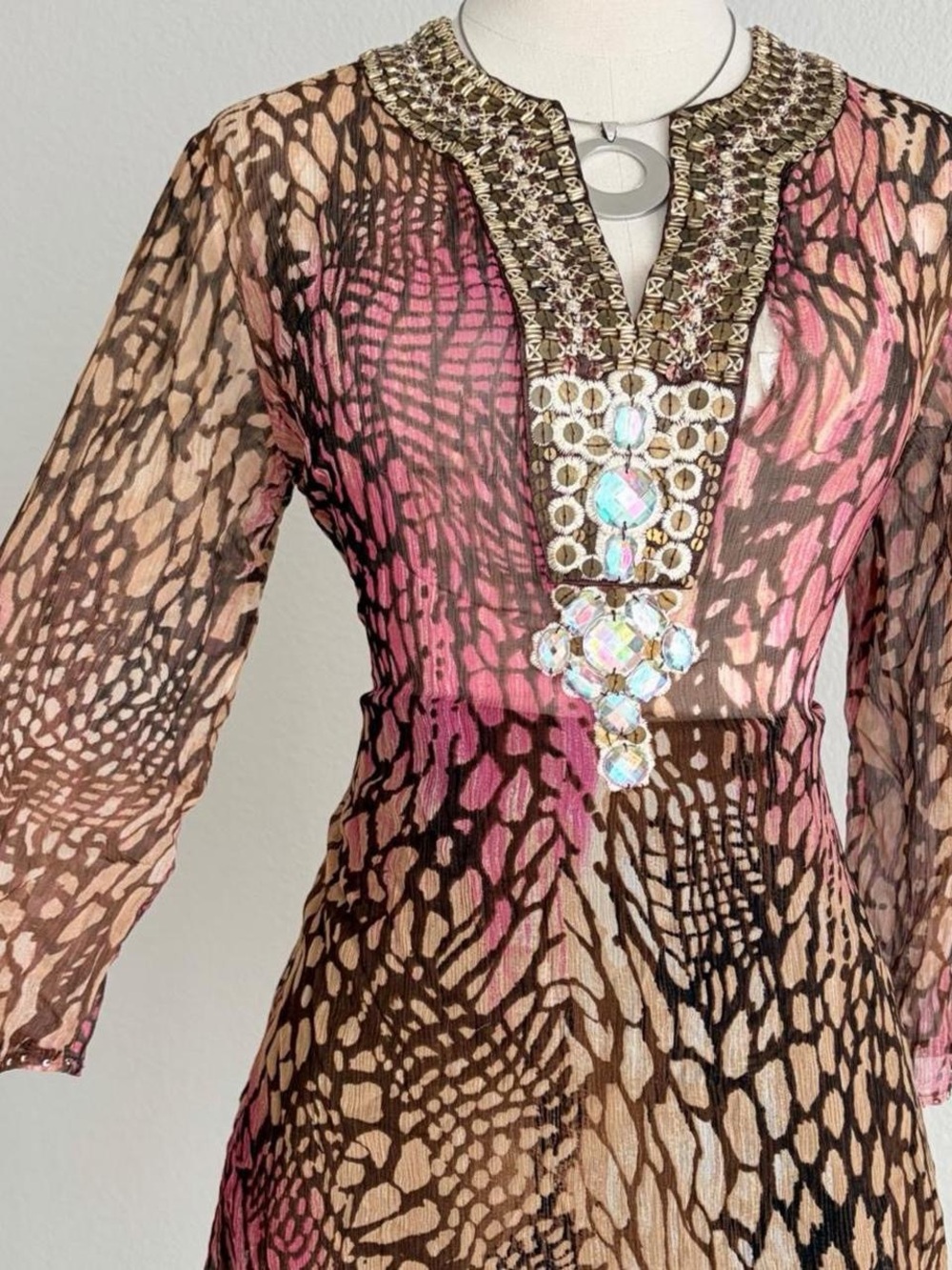 Chico's Embellished Sheer Animal-Print Tunic in Brown and Pink - Picture 2 of 8